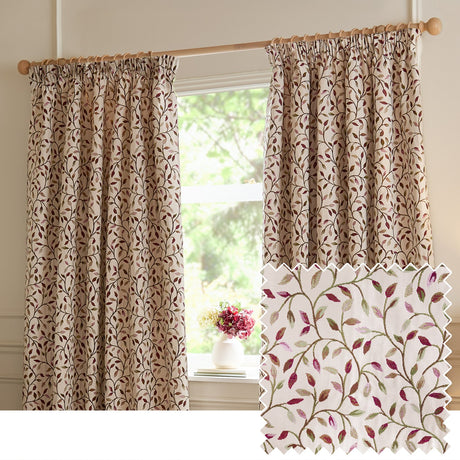 Cervino pencil pleat curtains in cream jacquard fabric with trailing damson red, purple and green leaf pattern, shown pleated on a wooden pole beside a window, with a fabric swatch inset.