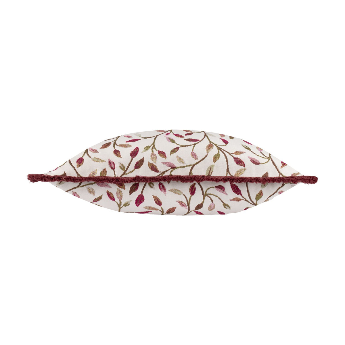 Cervino Jacquard Cotton Blend Cushion in Damson, shown side-on with a cream ground leafy pattern in wine, pink and green tones and dark red trim, on a plain white background.
