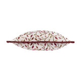 Cervino Jacquard Cotton Blend Cushion in Damson, shown side-on with a cream ground leafy pattern in wine, pink and green tones and dark red trim, on a plain white background.