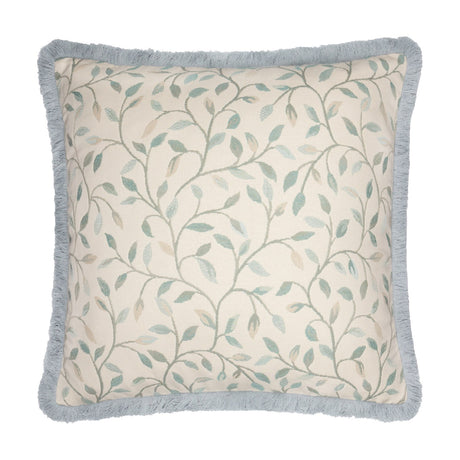Cervino Jacquard Cotton Blend Cushion in Duck Egg, a cream square cushion with a woven leaf-and-stem pattern in duck egg blue, sage and tan, finished with a blue brushed fringe edge.