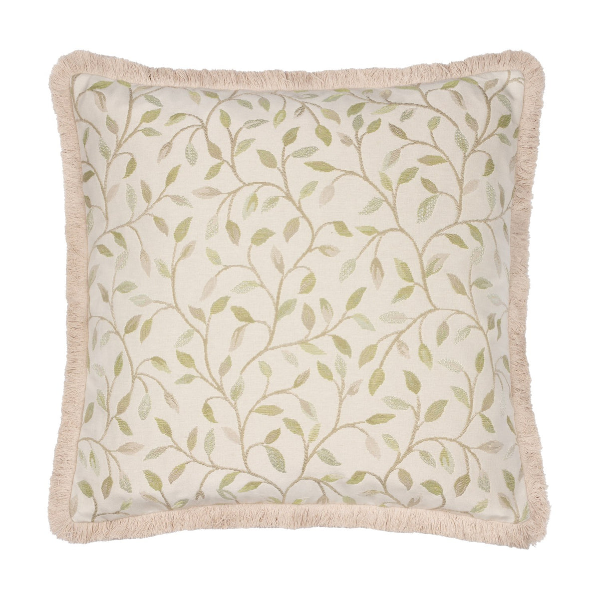 Square Cervino jacquard cotton blend cushion in cream with a woven green leaf and stem pattern, finished with a pale sandy fringe trim, on a plain white background.