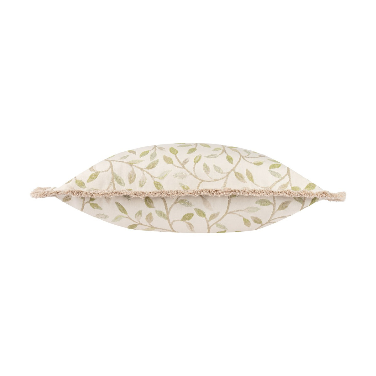 Cervino Jacquard Cotton Blend Cushion in Lichen, shown edge-on with cream fabric featuring a green leaf and vine jacquard pattern, bordered by a sandy brushed fringe, on a plain white background.