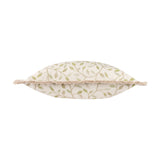 Cervino Jacquard Cotton Blend Cushion in Lichen, shown edge-on with cream fabric featuring a green leaf and vine jacquard pattern, bordered by a sandy brushed fringe, on a plain white background.