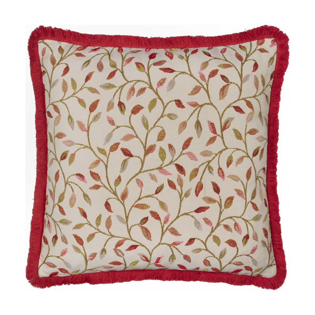 Cervino Jacquard Cotton Blend Cushion in Rednut, square with red brush fringe trim, cream ground featuring a woven trailing leaf pattern in rust, pink and green, on a plain white background.
