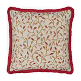 Cervino Jacquard Cotton Blend Cushion in Rednut, square with red brush fringe trim, cream ground featuring a woven trailing leaf pattern in rust, pink and green, on a plain white background.