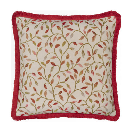 Cervino Jacquard Cotton Blend Cushion in Rednut, square with red brush fringe trim, cream ground featuring a woven trailing leaf pattern in rust, pink and green, on a plain white background.