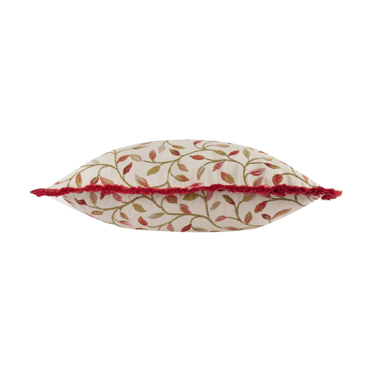 Cervino Jacquard Cotton Blend Cushion in Rednut, shown edge-on with cream fabric, red fringed trim, and a woven trailing leaf pattern in red, rust, and green tones on a white background.