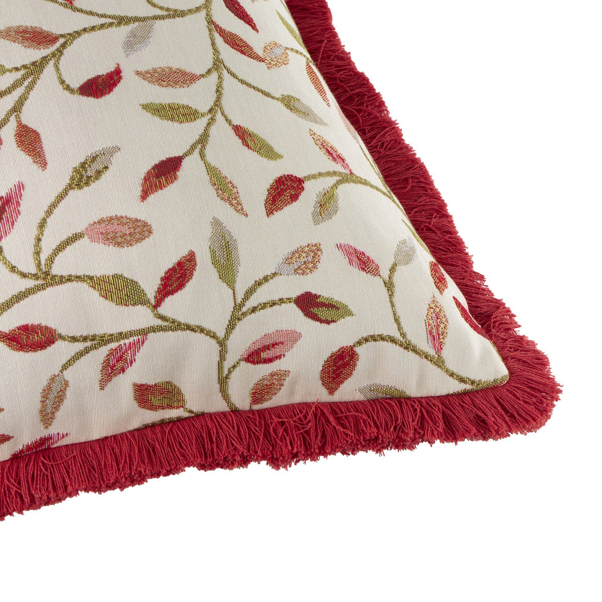 Cervino Jacquard Cotton Blend Cushion in Rednut, close-up of cream ground with jacquard woven leaf and vine pattern in red, rust and green, finished with a red fringe trim.
