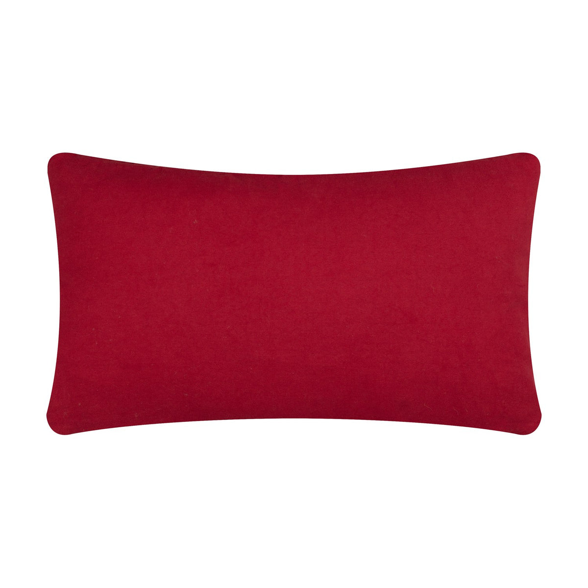 Rectangular lumbar cushion in plain red cotton, shown reverse side, on a white background.