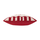 Side view of the Candy Fa La La cotton cushion showing its tufted red-and-white striped edge and plain red cotton back, on a white background.