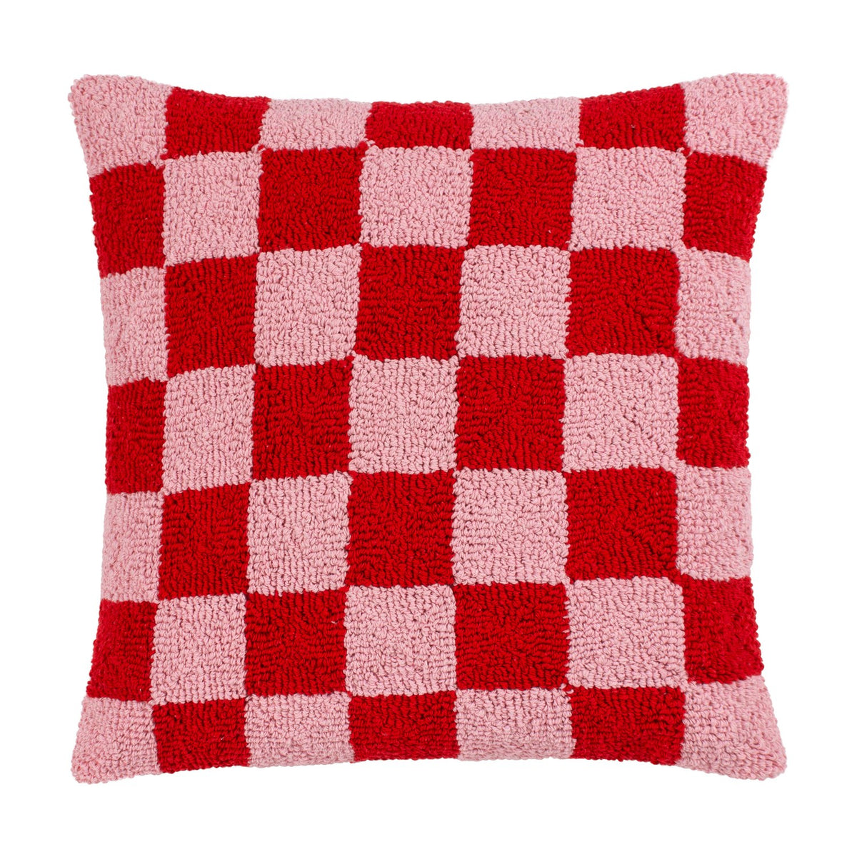 Check Knitted Polycotton Cushion in red and pink, 45 x 45cm square with tufted checkerboard pattern and raised loop pile, shown on a plain white background.