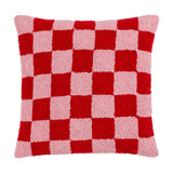 Check Knitted Polycotton Cushion in red and pink, 45 x 45cm square with tufted checkerboard pattern and raised loop pile, shown on a plain white background.