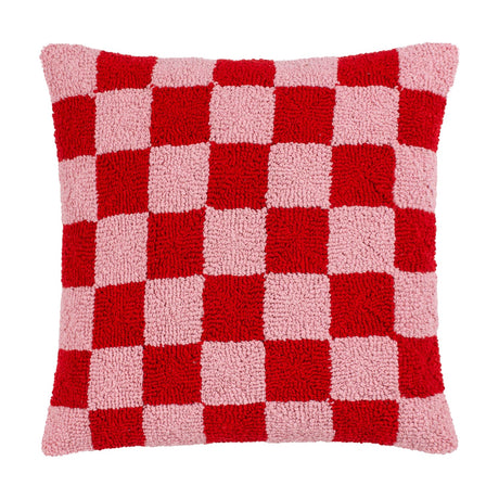Check Knitted Polycotton Cushion in red and pink, 45 x 45cm square with tufted checkerboard pattern and raised loop pile, shown on a plain white background.