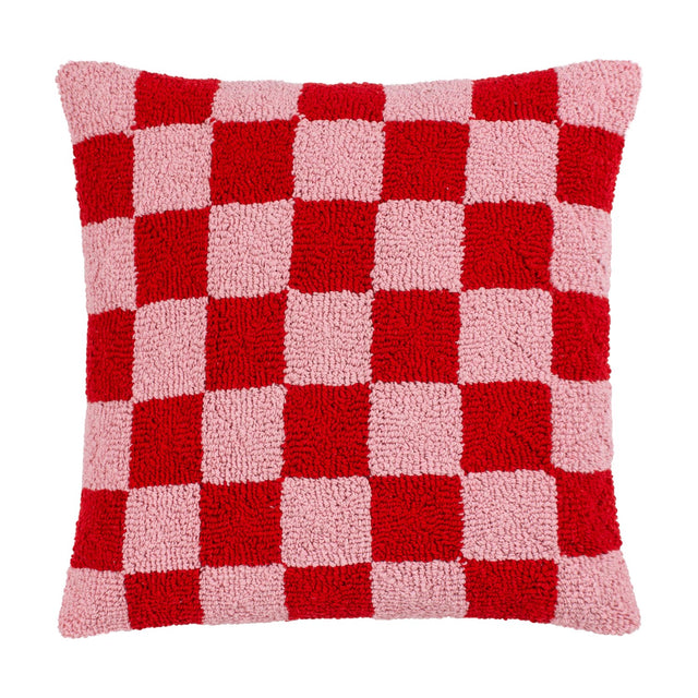 Check Knitted Polycotton Cushion in red and pink, 45 x 45cm square with tufted checkerboard pattern and raised loop pile, shown on a plain white background.
