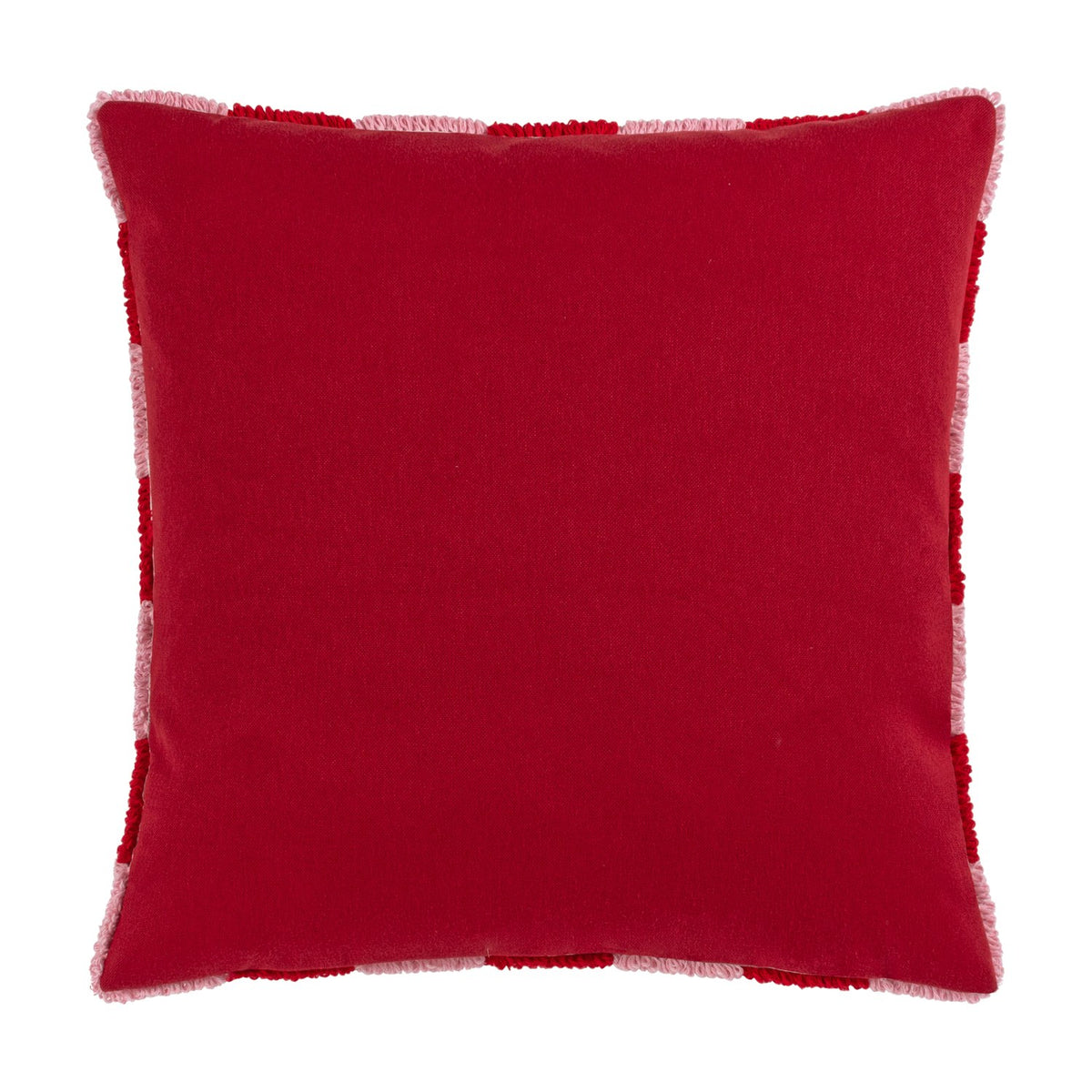 Check Knitted Polycotton Cushion in Red or Dead Pink, shown reverse side in plain red polycotton with fringed pink and red edging, on a white background.