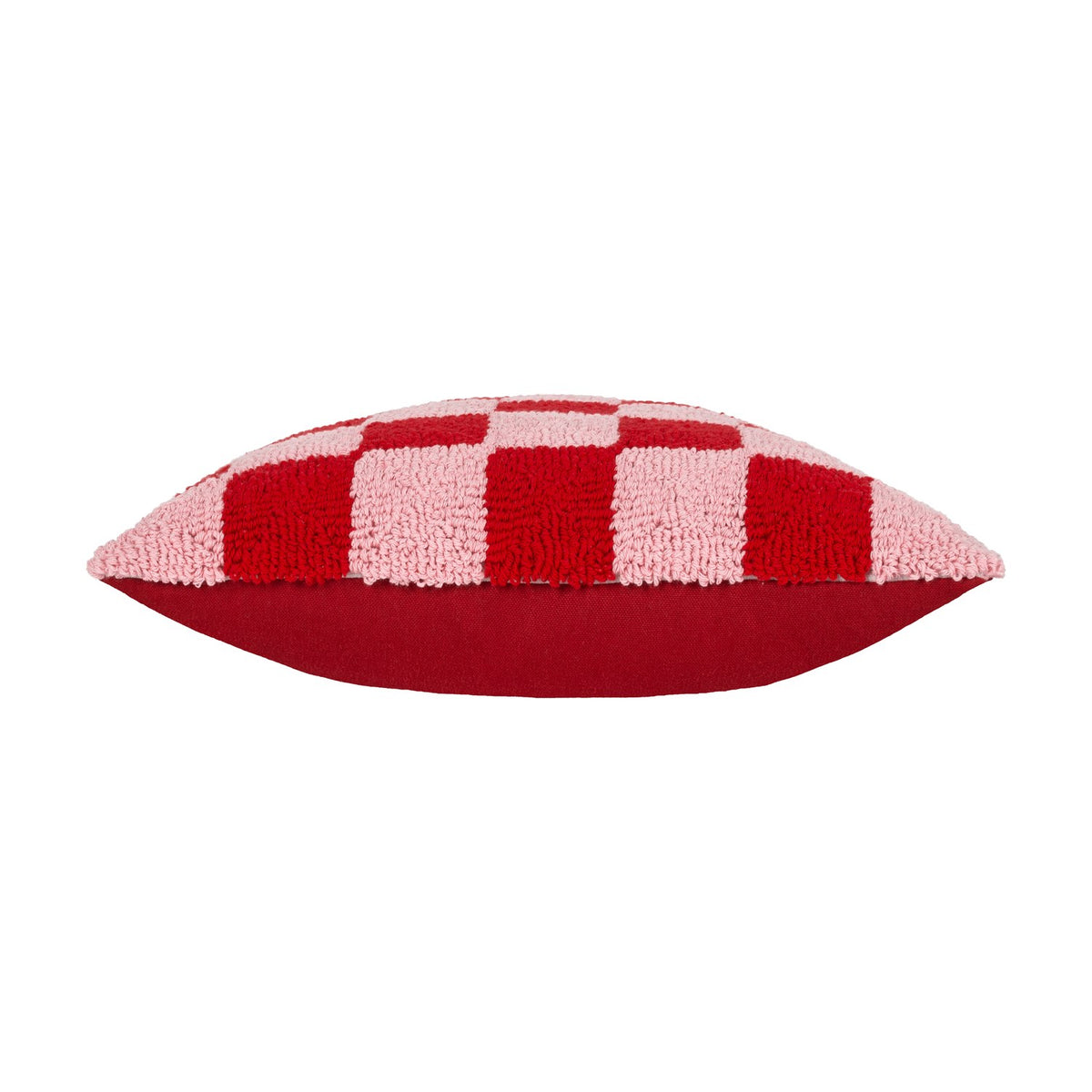 Side view of the Check Knitted Polycotton Cushion in Red or Dead Pink, showing a red and pink loop-tufted checkerboard front and plain red reverse, on a white background.