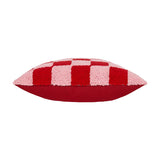 Side view of the Check Knitted Polycotton Cushion in Red or Dead Pink, showing a red and pink loop-tufted checkerboard front and plain red reverse, on a white background.