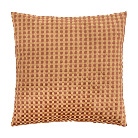 Square 45 x 45cm cushion in cut-velvet check, gold and chocolate-brown checkerboard pattern with a raised textured pile, shown on a plain white background.