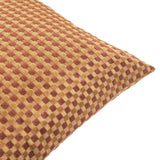 Close-up of the Checkered Check Velvet Cushion in chocolate and gold, showing a cut-velvet checkerboard texture and piped edge on a plain white background.