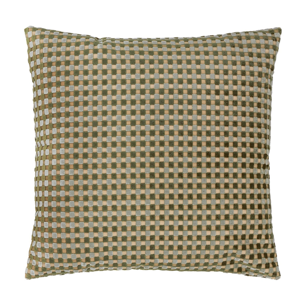 Square velvet cushion with a checkered pattern in eucalyptus green, sandy tan, and pale grey, shown on a plain white background.