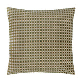 Square velvet cushion with a checkered pattern in eucalyptus green, sandy tan, and pale grey, shown on a plain white background.