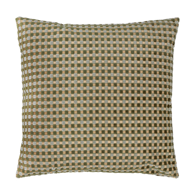 Square velvet cushion with a checkered pattern in eucalyptus green, sandy tan, and pale grey, shown on a plain white background.