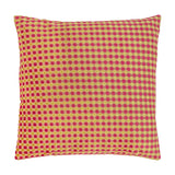 Square velvet cushion in a checkered pattern of hot pink and gold cut-velvet squares, shown on a plain white background.