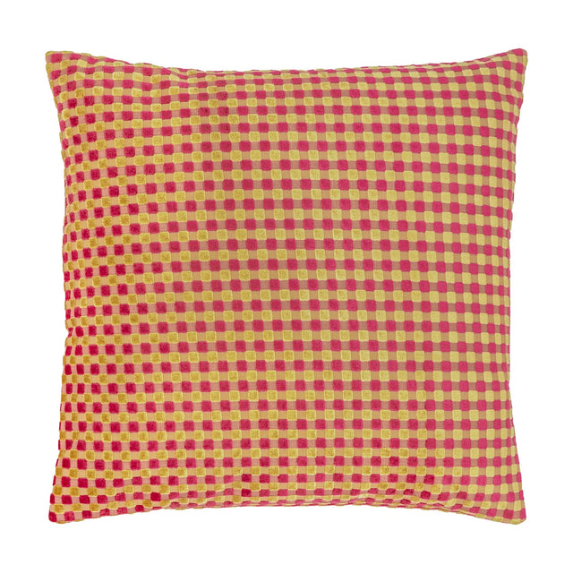 Square velvet cushion in a checkered pattern of hot pink and gold cut-velvet squares, shown on a plain white background.
