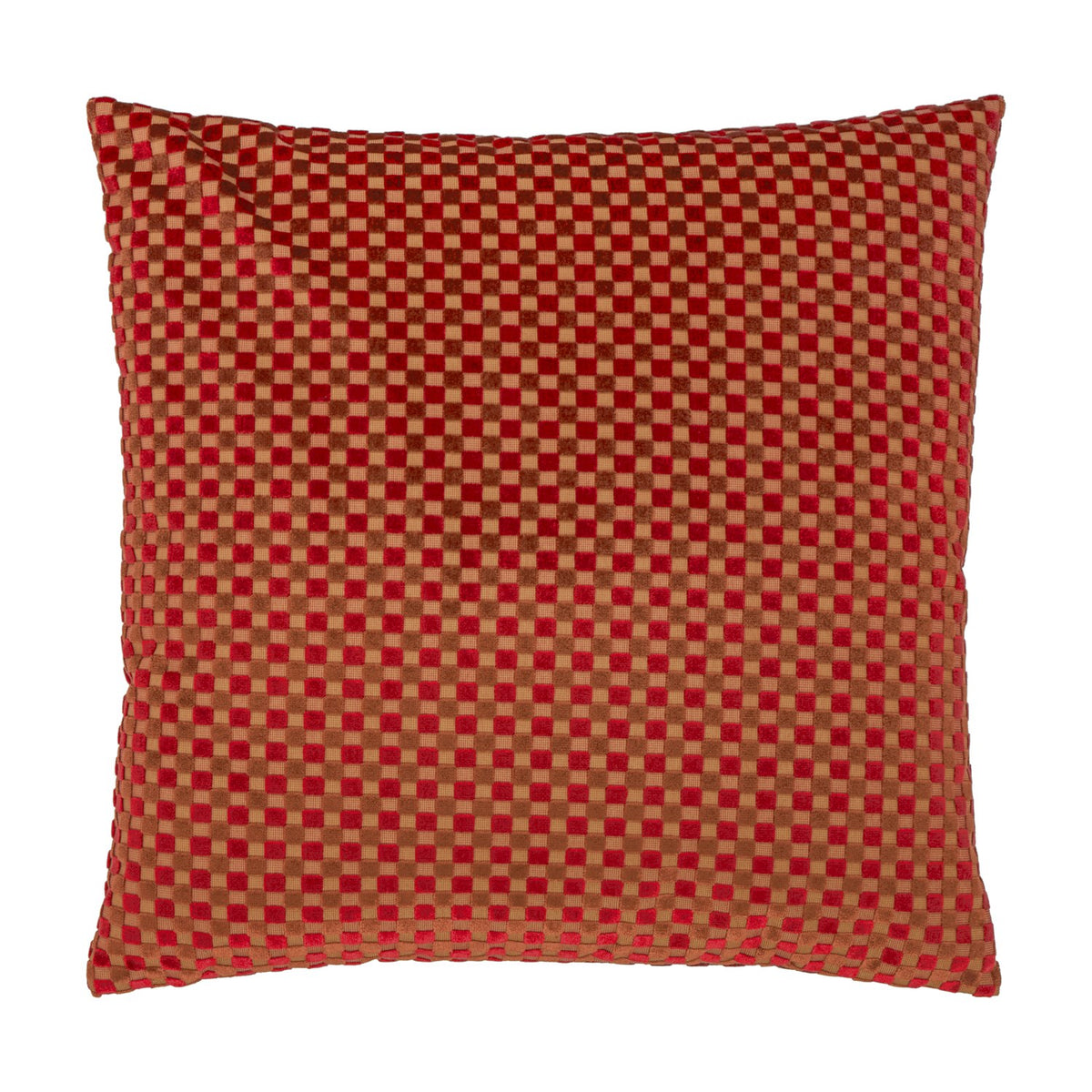 Square velvet cushion in a checkered design, alternating maroon red and warm tan gold squares with raised pile texture, shown on a plain white background.
