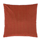 Square velvet cushion in a checkered design, alternating maroon red and warm tan gold squares with raised pile texture, shown on a plain white background.