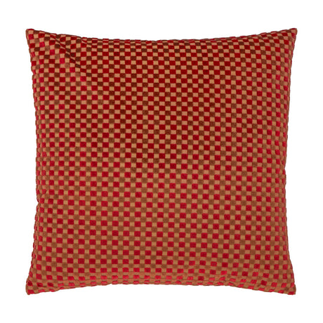 Square velvet cushion in a checkered design, alternating maroon red and warm tan gold squares with raised pile texture, shown on a plain white background.