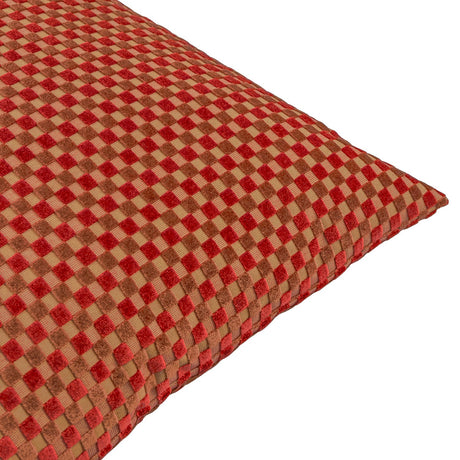 Close-up corner view of the Checkered Check Velvet Cushion in maroon, showing a raised velvet check pattern in red and tan gold on a plain white background.
