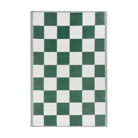 Checkerboard Jacquard Check Rug in green and off-white, alternating squares with a fine striped border, shown on a plain white background.