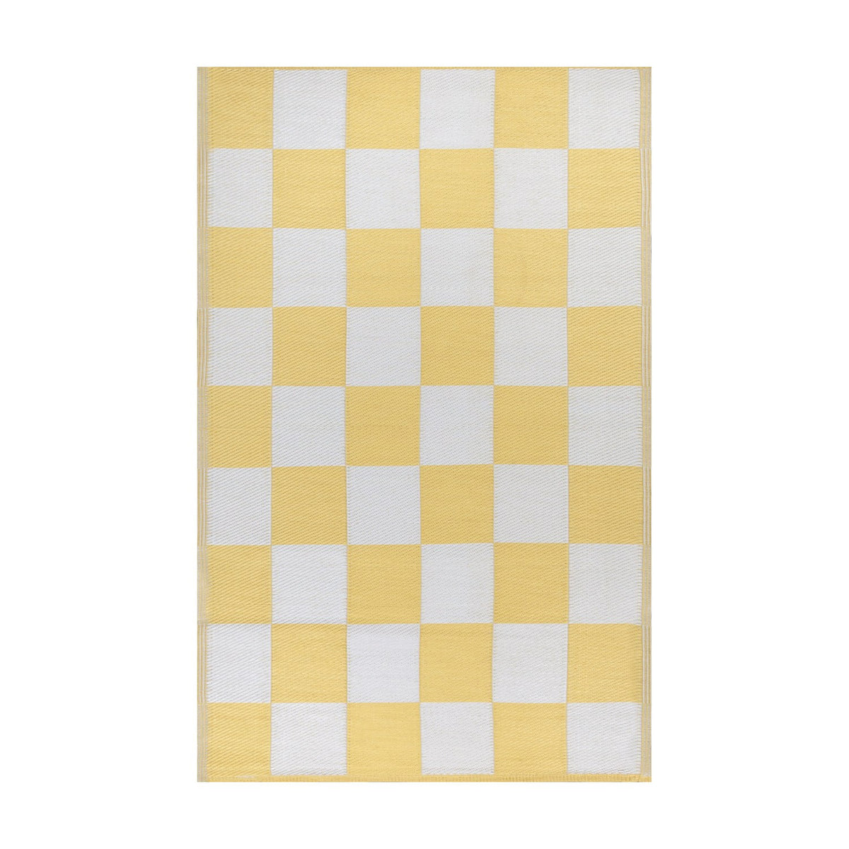 Checkerboard Jacquard Check Rug in yellow and off-white, large-scale square pattern, polypropylene outdoor rug shown on a plain white background.