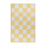 Checkerboard Jacquard Check Rug in yellow and off-white, large-scale square pattern, polypropylene outdoor rug shown on a plain white background.