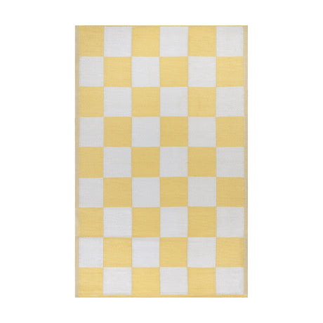 Checkerboard Jacquard Check Rug in yellow and off-white, large-scale square pattern, polypropylene outdoor rug shown on a plain white background.