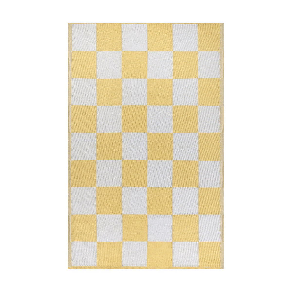 Checkerboard Jacquard Check Rug in yellow and off-white, large-scale square pattern, polypropylene outdoor rug shown on a plain white background.