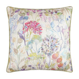 Country Hedgerow reversible linen cushion in moss, square with piped edge, showing hand-painted watercolour hedgerow florals in pink, purple, blue and green on a cream ground.
