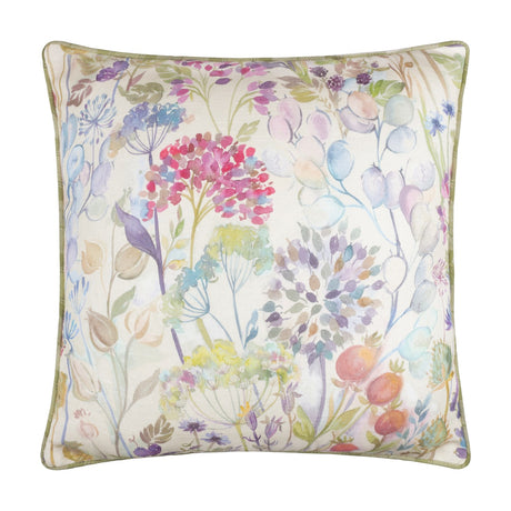 Country Hedgerow reversible linen cushion in moss, square with piped edge, showing hand-painted watercolour hedgerow florals in pink, purple, blue and green on a cream ground.