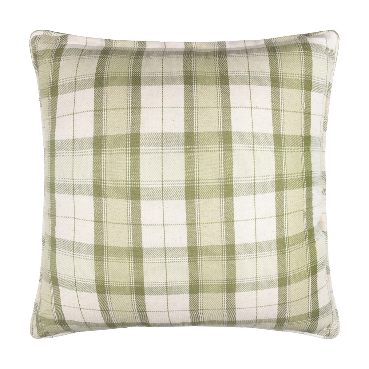 Country Hedgerow Reversible Linen Cushion in Moss, showing the woven check side in moss green and cream tones on a plain white background.