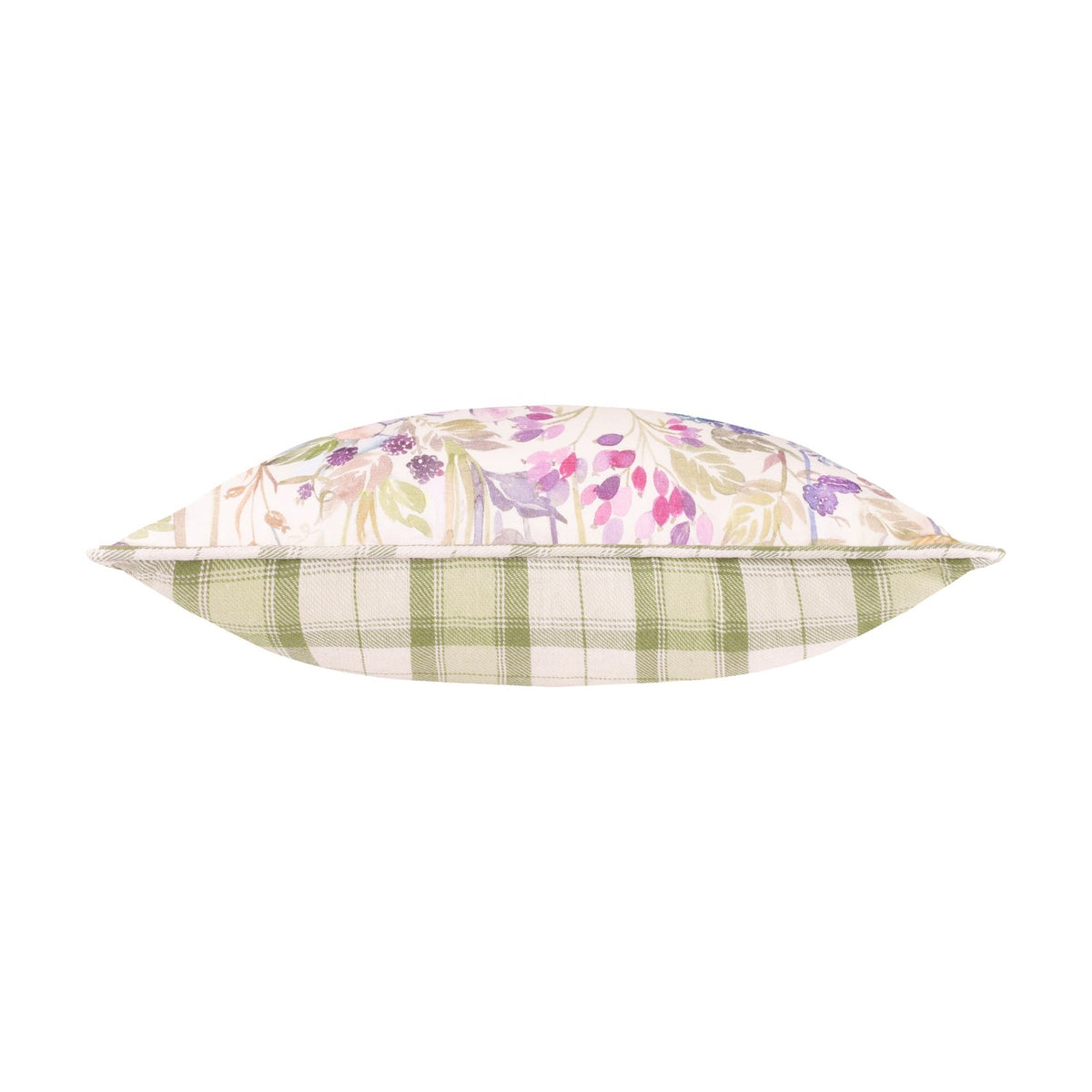 Country Hedgerow Reversible Linen Cushion in Moss, side view showing floral watercolour print on one face and moss green check on the reverse, on a white background.