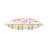 Country Hedgerow Reversible Linen Cushion in Moss, side view showing floral watercolour print on one face and moss green check on the reverse, on a white background.