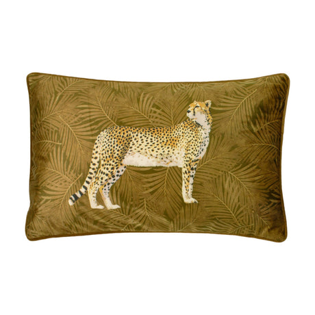 Rectangular gold velvet cushion featuring a printed cheetah standing in profile against a palm frond pattern, shown on a plain white background.