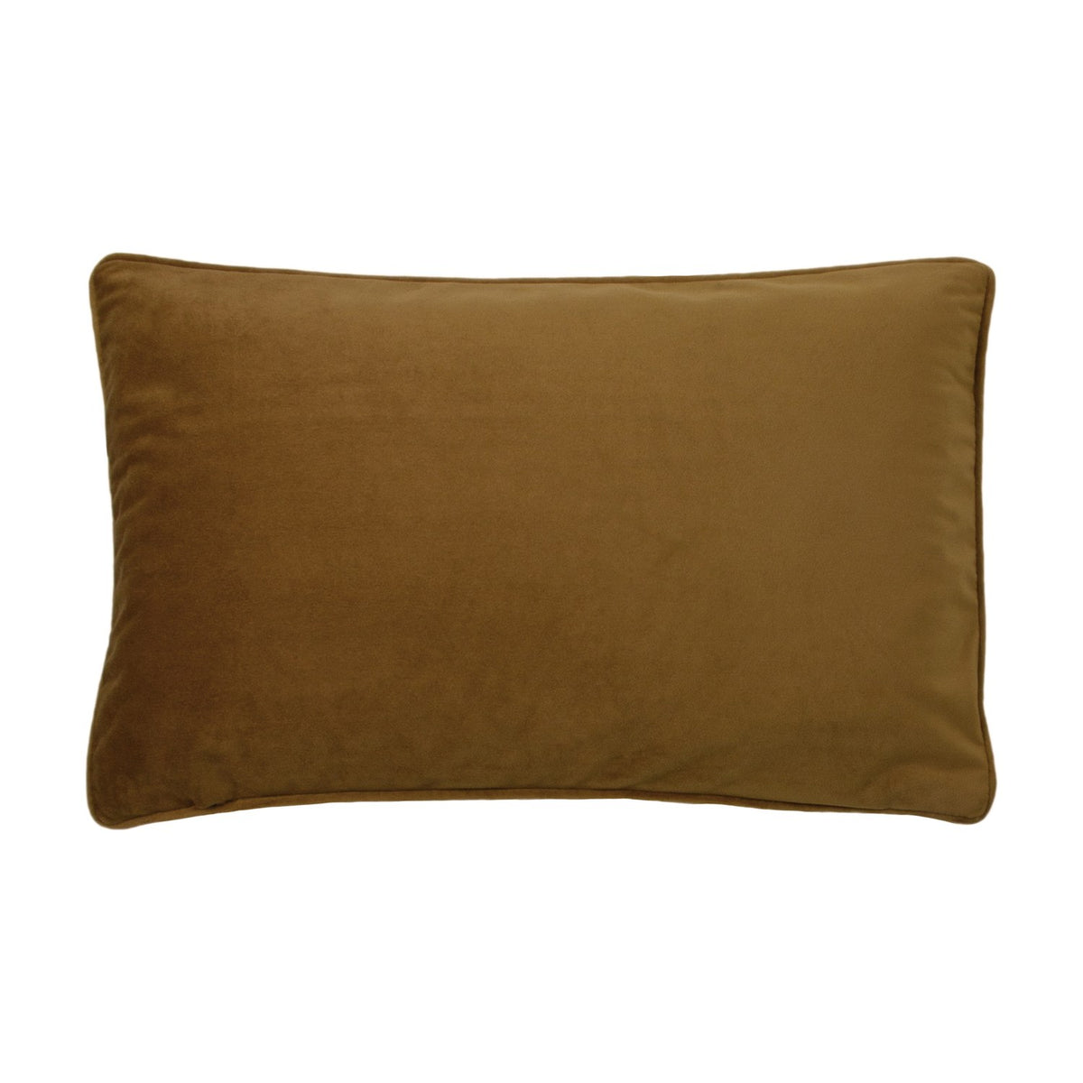 Rectangular gold velvet cushion, plain reverse side shown with piped edging, photographed on a white background.