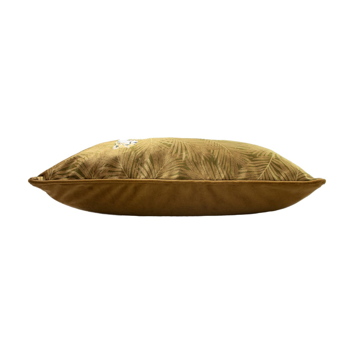 Side view of the Cheetah Forest Animal Velvet Cushion in gold, showing its plump velvet gusset with palm frond print along the top edge, on a plain white background.