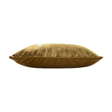Side view of the Cheetah Forest Animal Velvet Cushion in gold, showing its plump velvet gusset with palm frond print along the top edge, on a plain white background.