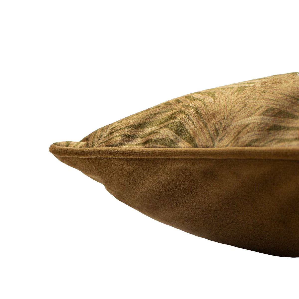 Close-up side view of the Cheetah Forest Animal Velvet Cushion in gold, showing the plain gold velvet reverse panel and piped edge against a white background.