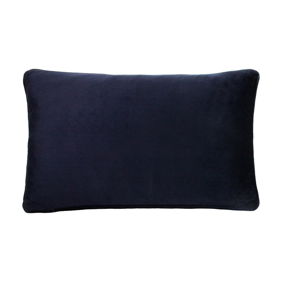 Rectangular navy velvet cushion, plain reverse side shown with piped edges, set against a plain white background.