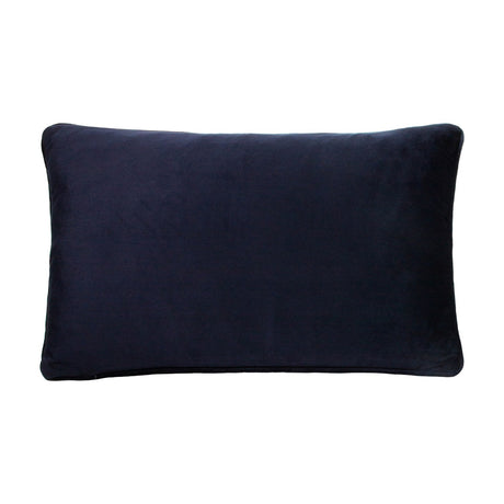 Rectangular navy velvet cushion, plain reverse side shown with piped edges, set against a plain white background.
