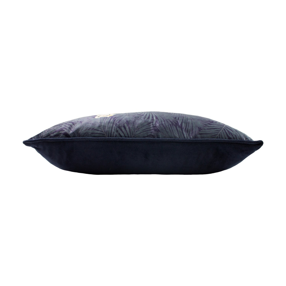 Side view of the Cheetah Forest Animal Velvet Cushion in navy, showing a plain navy velvet reverse panel and piped edge trim against a white background.
